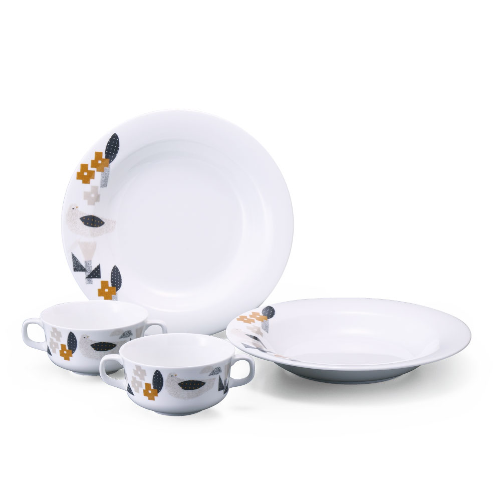【31%OFF】バード&フラワー ディーププレート&スープカップ 2人用 電子レンジ温め 食洗機対応 (52458-23373)