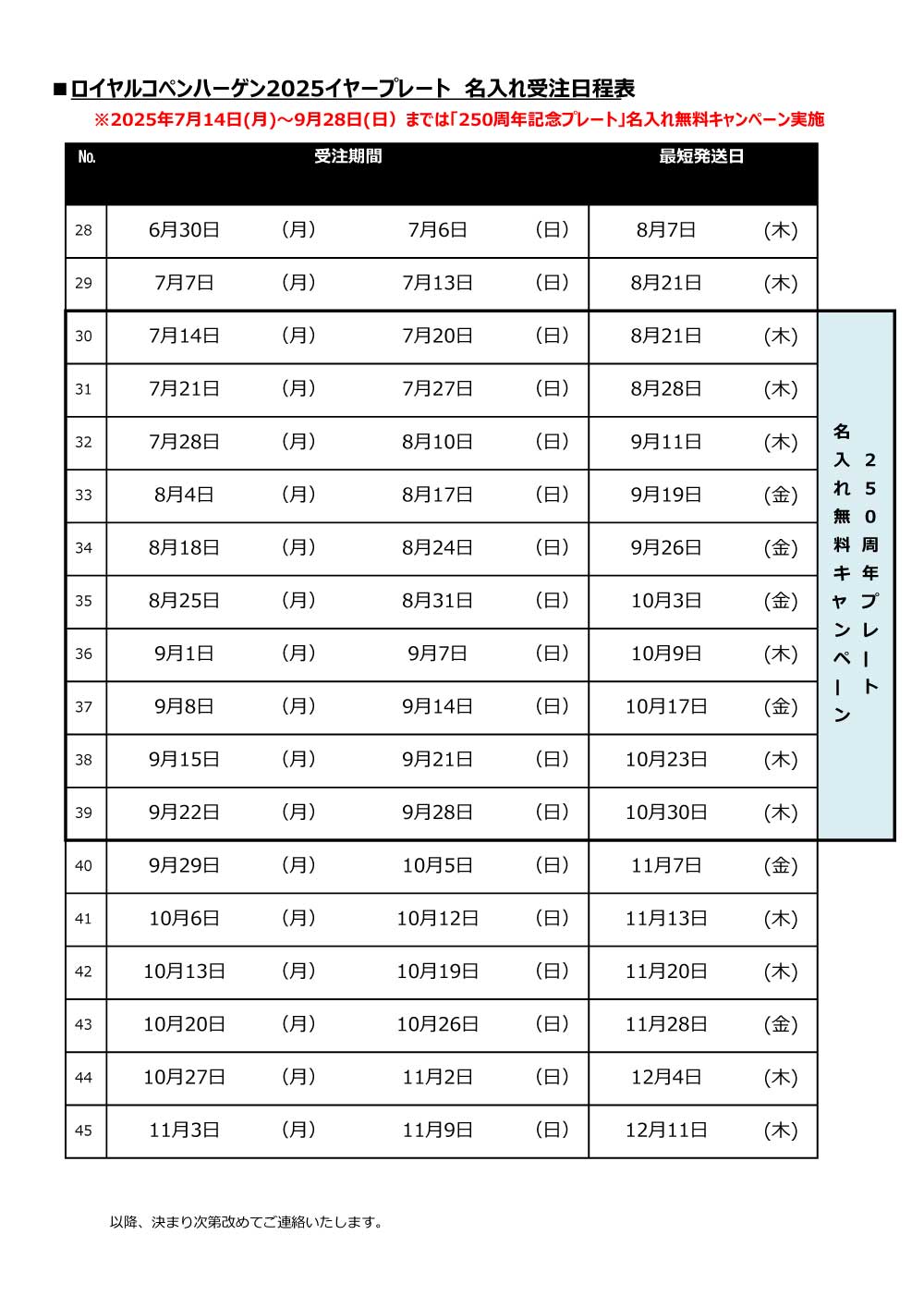 文字入れ受注生産スケジュール